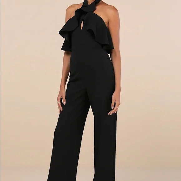 Lulus Elegant Flair Black Ruffled Wide-leg Halter Jumpsuit - Size S - Picture 6 of 6